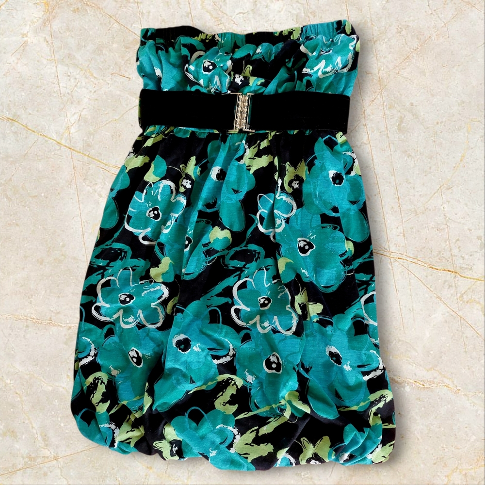 SWS Strapless Mini Parachute Green Floral Dress with Black Belt